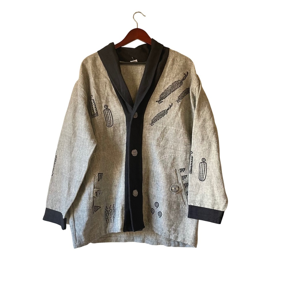 Venus Imports Cotton Kimono Jacket Abstract Print Black Trim Women XL‎